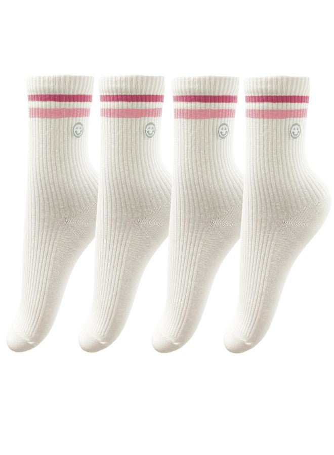 PLZSITDOWN Womens 2 Pairs Solid Color Two Stripe Crew Socks Casual Athletic Smiling Face Ankle Socks for women Girls Pink 2PC - Image 1